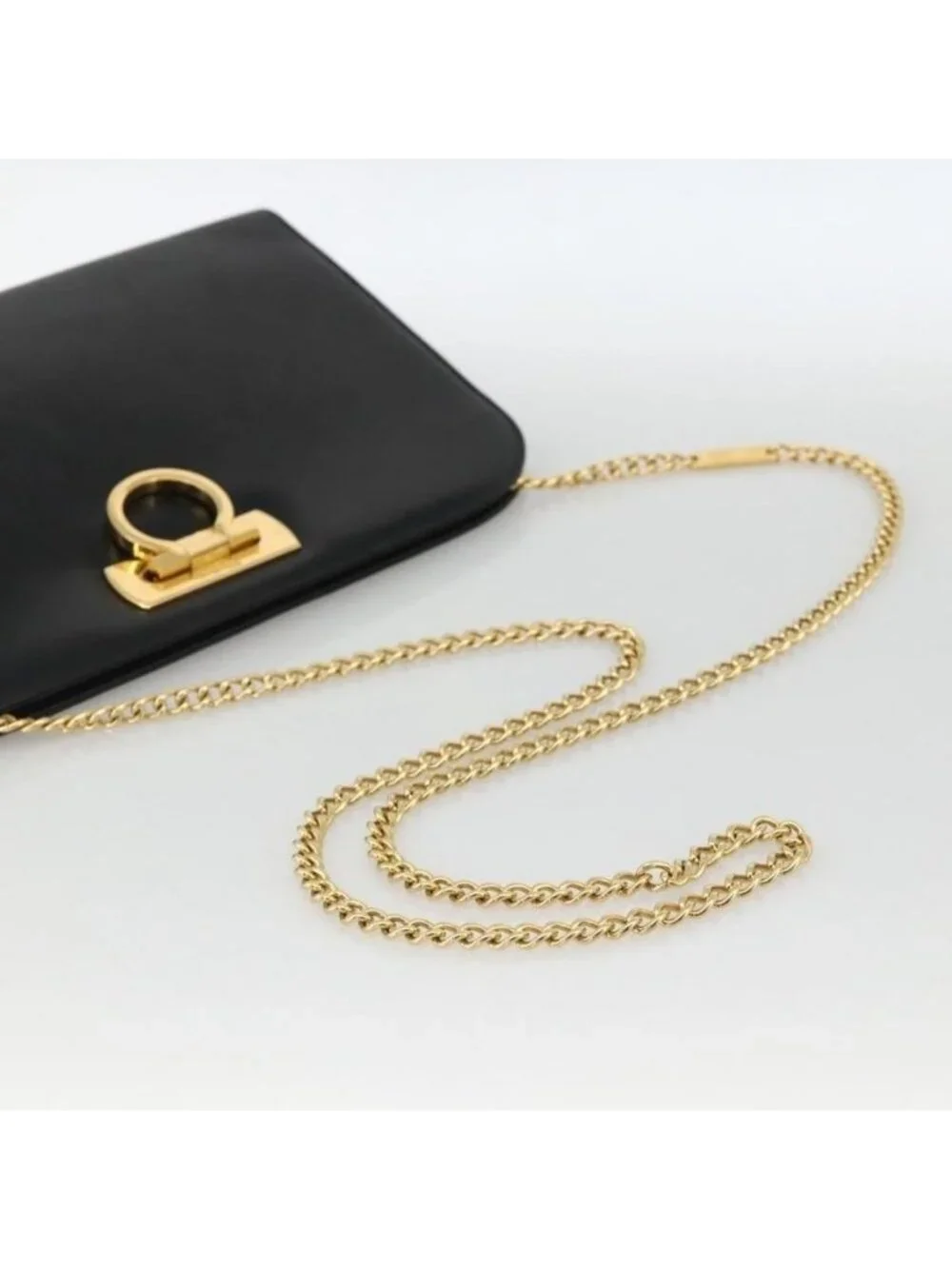 Authentic Salvatore Ferragamo Gancini Chain Shoulder Bag Leather Black Gold - Picture 14 of 16